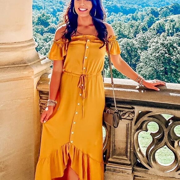 NWT KIRUNDO Summer Women’s Off Shoulder Maxi Dress Short Sleeves High Low Hem - Picture 5 of 5